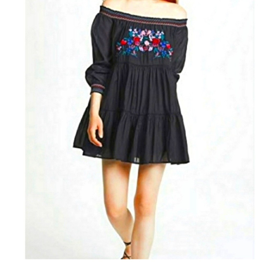 Free People Sunbeams Babydoll Mini Dress Size Small Black Embroidery